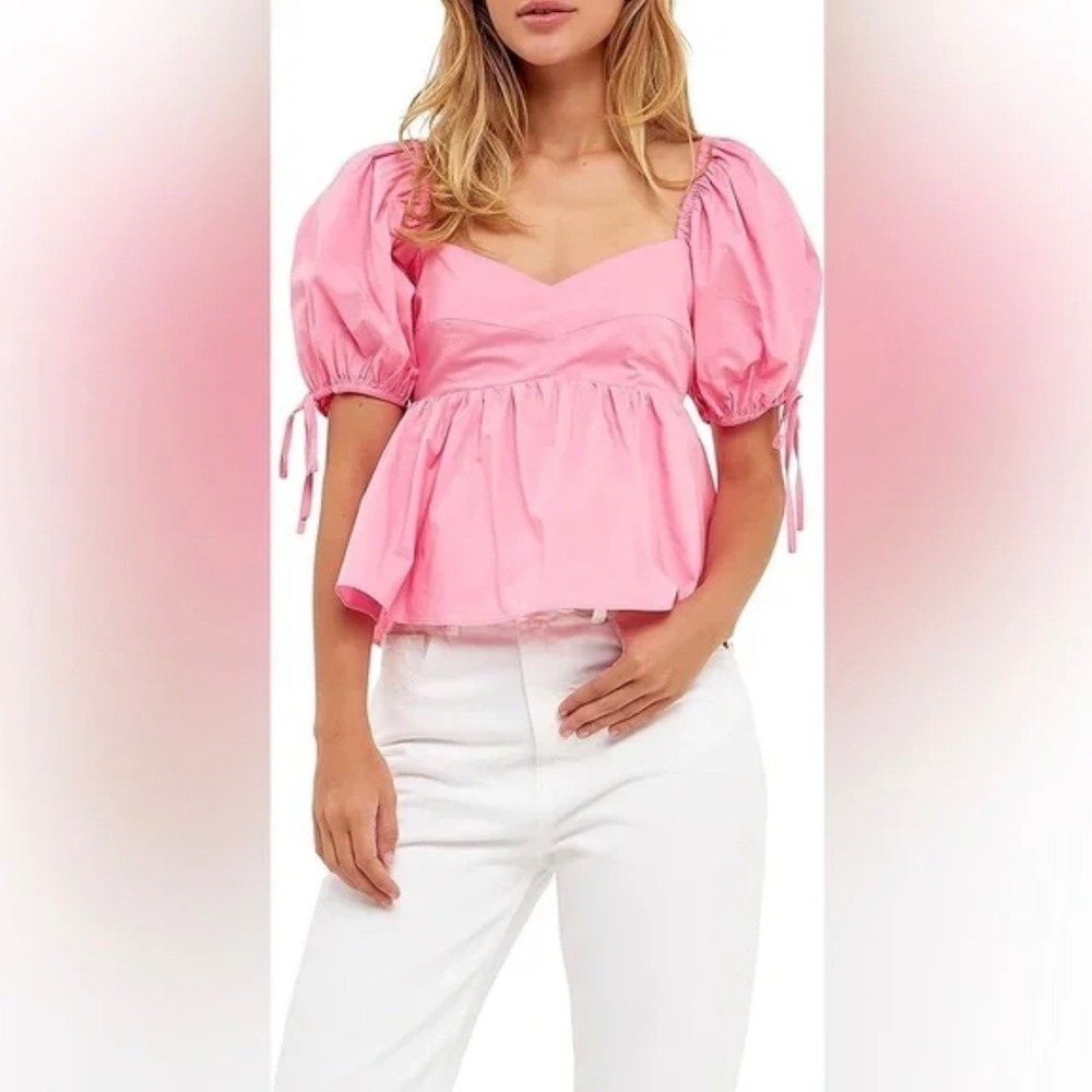 English Factory Pink Peplum Puff Sleeve Blouse Top Smocked Feminine Medium